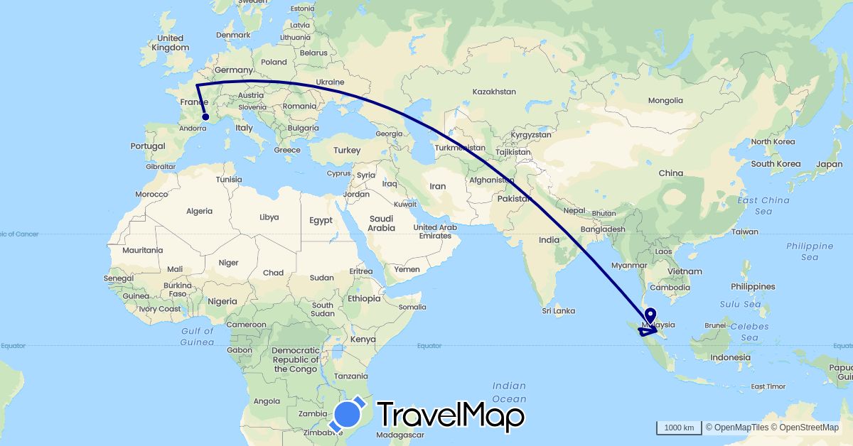 TravelMap itinerary: driving in France, Indonesia, Malaysia (Asia, Europe)